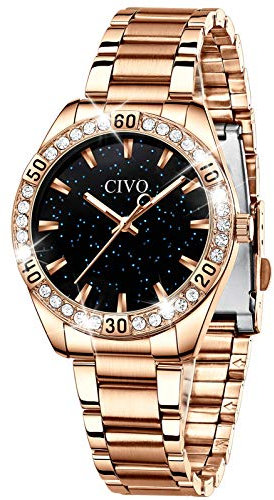 CIVO Damen Uhren Roségold Edelstahl Sternenhimmel Designer Analoge Quarz Wasserdicht Elegant Armbanduhr für Damen Mädchen