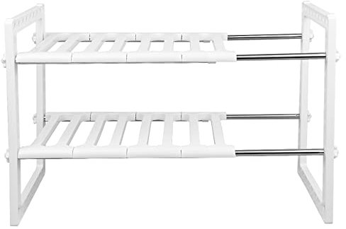 MINGYI Étagères Télescopique Sous Évier à 2 Niveaux, Rangement Sous Évier, Espacement Niveaux Réglable, Longueur Réglable, Étagère Rangement pour Cuisine, Bureau, Salle de bain, Blanc (38-70)×26×38 cm