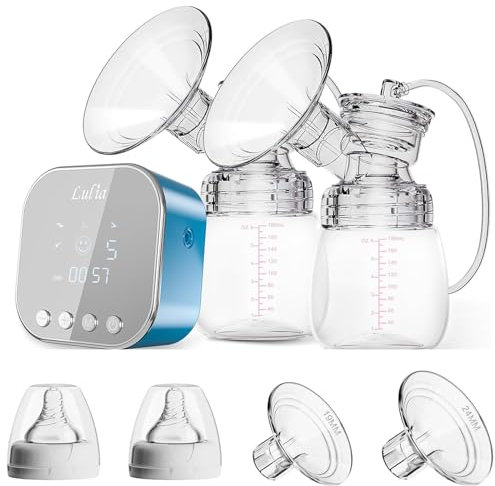 Lulia doppelte elektrische Milchpumpe, tragbar, starke Absaugung, schmerzlos, mit 2 Größen von Flansch, 4 Modi und 9 Stufen, Milch, super leise, wiederaufladbar (blau).