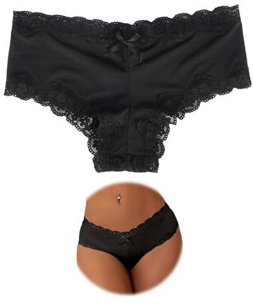 ohmydear Women's Brazilian Knickers Cotton Gusset Lace Trim Satin Panties Sexy Ladies Pants Stretchy Boxers Underwear Smooth Bikini Briefs Plus Size 16-18 Black