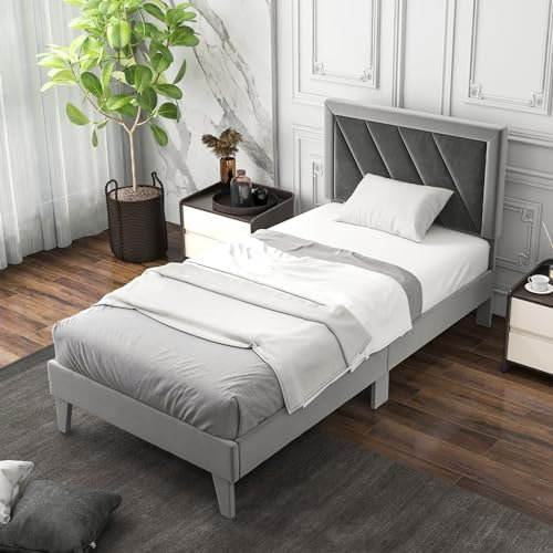 COSTWAY 3FT/4FT6 Bed Frame, Single/Double Velvet Upholstered Platform Bed Frame with High Headboard, Wooden Slat Support Bedstead Base Mattress Foundation, No Box Spring Needed (Single-194x95cm)