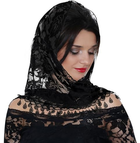 Sibba Spitze Schal Damen Schleier Tüll Kopftuch Stola Elegante Hochzeit Brautschleier Spitzenborte Mantilla Schleier Festlich Kirchenschleier Schwarz Sommer Halstuch für Kapelle Braut Abendkleid Party