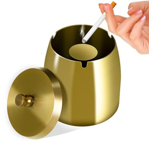 Litimkat Posacenere, posacenere esterno con coperchio, acciaio inox antiscivolo, adatto casa, ufficio, scrivania, terrazza, balcone esterno (oro)