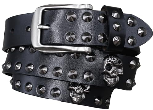 Surrycee Negro,125cm(42~44), Cinturón con tachuelas para hombres y mujeres, estilo gótico, punk rock, con remaches de calavera, cinturones de cuero genuino para jeans, 3,8 cm de ancho