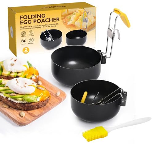 Poached Egg Pan, 2 Pcs Poached Egg Moulds and 1 Oil Brush, Anti-Scald Folding Handle Poached Egg Maker, Non-Stick Egg Poacher Boiled Eggs for Kitchen Tool, Suitable for Egg Frying,Shaping