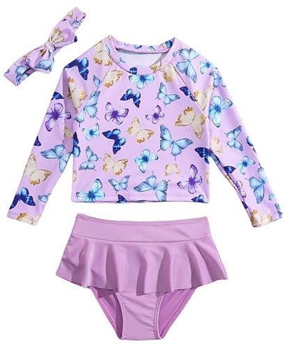 WYTbaby Badeanzug Mädchen Langarm Uv Badebekleidung Mädchen Zweiteiler Uv Shirt Mädchen mit Bikinihosen Rüschen 3-4 Jahre