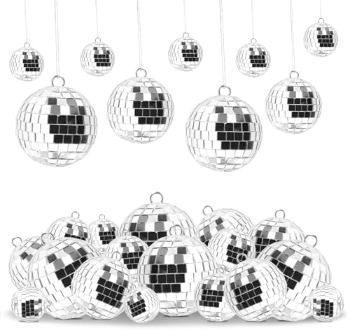 25 stycken disco spegelboll, 4 storlekar 3 cm 4 cm 5 cm 6 cm silver discokula för upphängning, silver, hängande kula för festdekoration