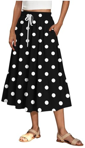 Casual Polka Dot Skirts for Women UK Drawstring Elasticated Waist Skirt with Pockets Fashion Tiered Flowy Swing A-Line Skirt Summer Beach Midi Skirts Your Orders Clearance