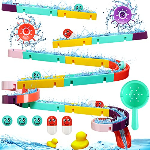 Bath Toys, Kids Bath DIY Track Balls Game Shower Watermill Slide Bathtub Water Toy for Toddlers, Educational Gift for 3-6 Year Olds Boys Girls, 44PCS