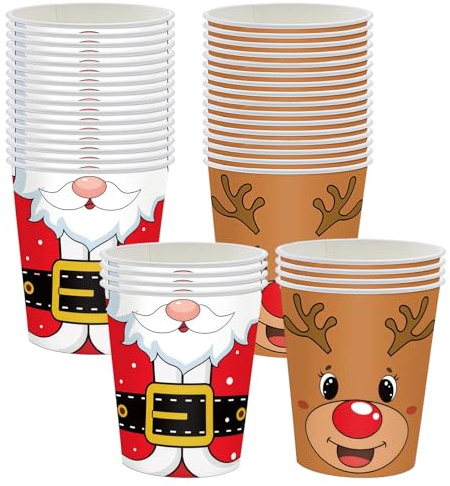 RONGZUBAT 40pcs Christmas Disposable Party Paper Cups,Xmas Santa Deer Disposable Party Drinking Christmas Paper Cups for DIY Holiday,Picnic,Winter Xmas Party Cup Table Decorations
