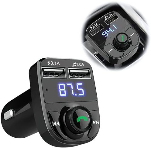 Bluetooth Car Adapter FM Transmitter with Hands-Free Calling, Wireless Car Bluetooth MP3 Player with Dual USB Fast Charger 5V/3.1A & 1A, Support SD Card USB Disk, Built-in Mic, LED Display Car Accesso