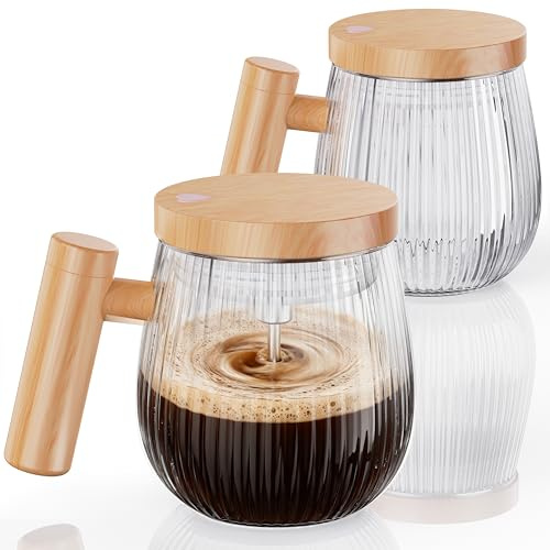 Set di 2 pezzi di Tazza auto-commovente, tazza da miscelare da 400 ml, ad alta velocità adatta per caffè / latte / polvere di proteine, di in vetro a protezione termica con coperchio (Trasparente S)
