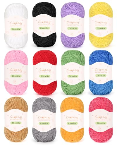 Coopay Laine Chenille à Crocheter, 12x50g Pelote de Laine à Tricoter Duveteux, Doux et Velouté, Fil Chenille Fin, Chaud et Moelleux pour des Créations Colorées, Couverture, Peluche, Bonnet - Foncée