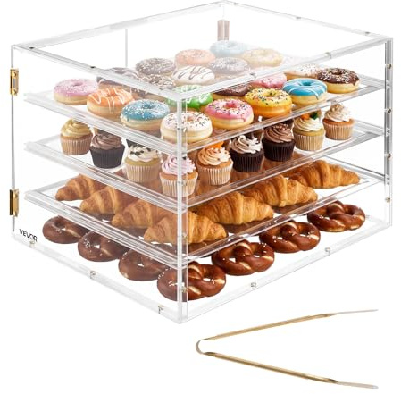 VEVOR Gebäckvitrine 4-stöckig, Gewerbliche Bäckereivitrine aus Transparentem Acryl, Thekenvitrine mit Magnetischer Rücktür & Abnehmbarer Trennwand für Kekse Desserts Donuts, 570 x 455 x 405 mm