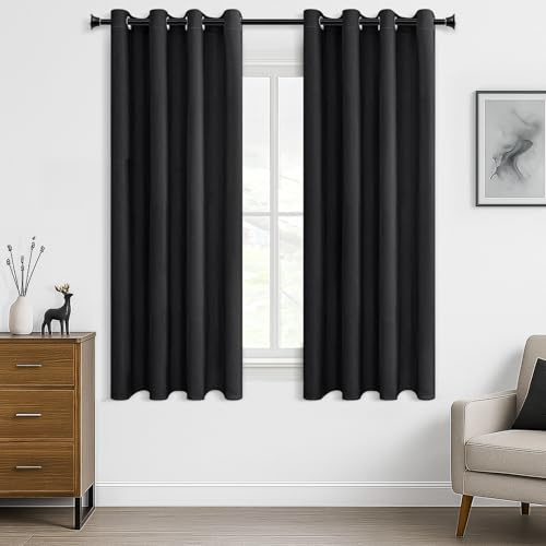 MRTREES Opaque Curtains, Thermal Curtains with Eyelets, Blackout Curtain, Eyelet Curtain, Short Modern Curtain, 145x140 cm (HxW), Black, Set of 2 for Hotels, Offices, Bedroom, Children's Room