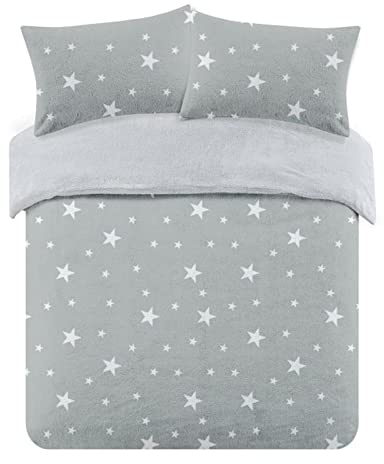 Dreamscene Star Printed Patterned Thermal Teddy Fleece Duvet Cover Quilt with Pillowcase Soft Warm Fluffy Bedding Set, Blush Pink / White - King