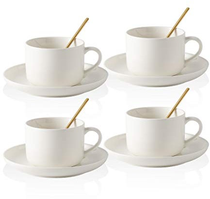 CHILDIKE Set di 4 tazze da caffè e piattini in porcellana da 226,8 g, in ceramica con cucchiaio dorato, set di tazze da cappuccino bianco, stile moderno