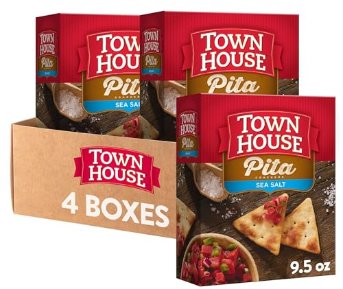 Town House Pita Crackers, Oven Baked, Lunch Snacks, Sea Salt (4 Boxes)
