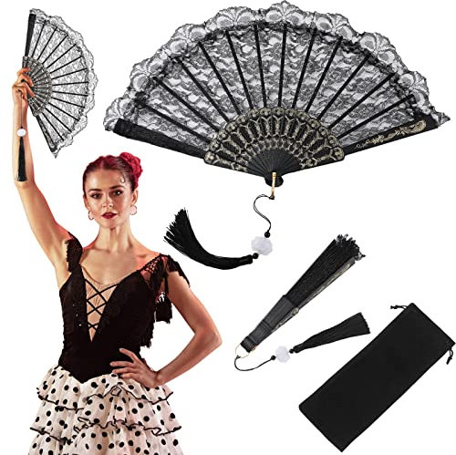 Schwarze Spitze Handfächer Faltbares Hochzeit Fächer Einlagiges Handfächer mit Quaste Kunststoff Spanisches Handheld Fächer für Frauen Halloween Kostüm Tanzen Party Deko, 9,5 Zoll