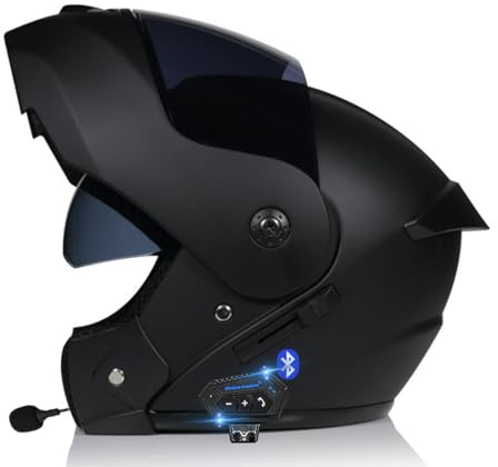RQTEUYE Bluetooth Casques Modulables Moto ECE Homologué, Casque Moto Rabattable Casque IntéGraux Double VisièRe Microphone Double Haut-Parleur pour Hommes Femmes Adultes S-XL (21.6-24.4in)