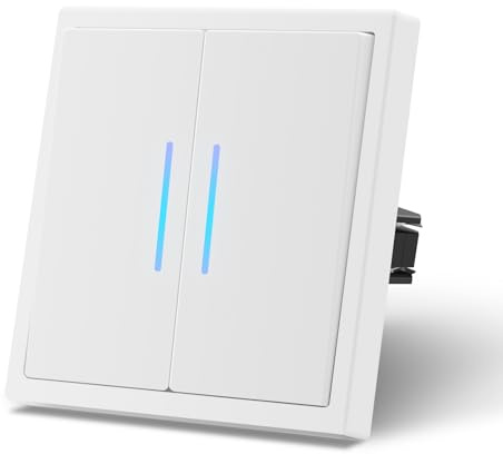 MVAVA Interruptor pared con Mate,Interruptores de luz con Garfio,Basculante Con Pilotitos LED,Fácil Instalación,Conectores de Resorte,2 Gang 1 Vía,80mm Blanco