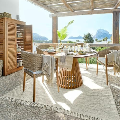 Loberon In- & Outdoor-Teppich Savagnac, Aztekenmuster mit Fransen, Boho-Charme, Weiche Haptik, 170x240 cm, Wohntextilien, Wohn-Accessoire, PET, Creme/beige