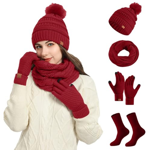 Generisch 2026 - Gorro de lana de invierno para mujer, guantes con manoplas y calcetines, conjunto de 4 piezas, gorro, bufanda y guantes para niño, rojo, talla única