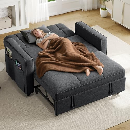YITAHOME 55 Convertible Sofa Bed, 3-in-1 Pullout Sofa, Linen Sleeper Sofa with Reclining Backrest and Side Pocket, Modern Futon Couch for Living Room Bedroom Apartment, Grey