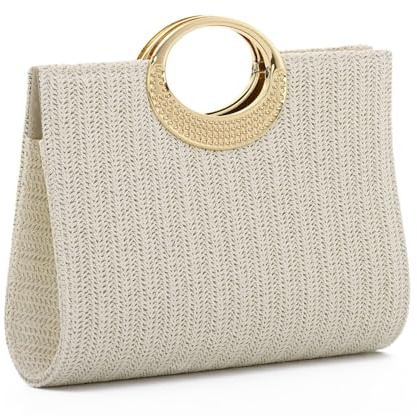 EVEOUT Pochette in Paglia con Manico Donna Boho Chic Clutch da Sera Matrimonio Festa in Faux Rafia Estiva Borsa Intrecciata per Spiaggia