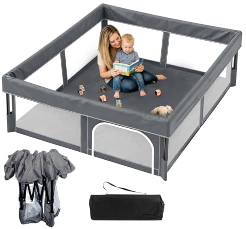 Laufstall Baby Faltbar mit Matratze, Indoor & Outdoor(Grau, Standardgröße)