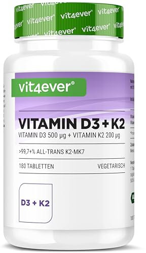 vit4ever Vitamin D3 20.000 I.E + Vitamin K2 200 µg MK7 Depot - 180 Tabletten - Hochdosiert - 99,7% All-Trans MK7 -Vegetarisch - Premium Qualität - Ohne unnötige Zusätze
