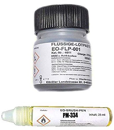 EO-SMD-Lötset Nr. 11A (EO-FLP-001 -Flüssige No Clean Lotpaste für die Elektronik, 50 g, SnAg3Cu0,5 (T4) + EO-Brush-Pen PM-334, 25 ml, No-clean Elektronik -Flussmittel, 3,0% Feststoff)