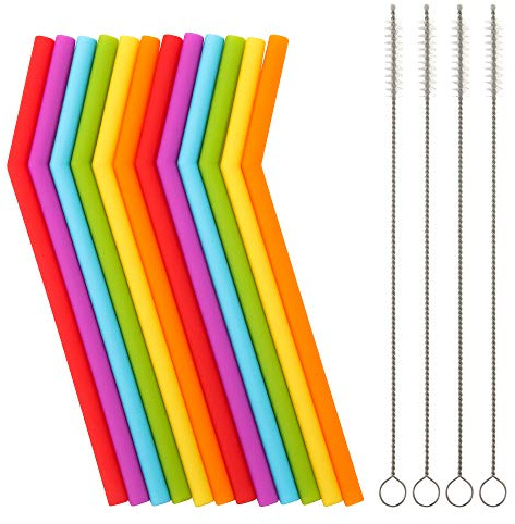 Reusable Silicone Straws for Toddlers & Kids - 12 pcs Flexible Short Drink 6.6 Straws for 6-10 oz Yeti/Rtic/Ozark Tumblers & 4 Cleaning Brushes - BPA free, Eco-friendly,no Rubber Tast