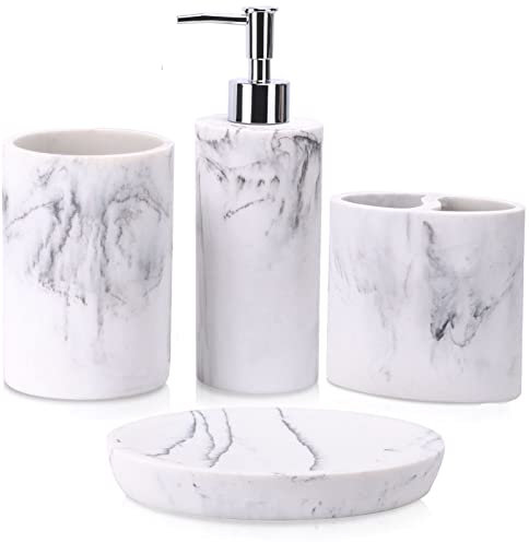 ZCCZ Bathroom Accessory Set - 4 Pcs, Marble Look Vanity Countertop Accessories with Soap Dispenser, Toothbrush Holder, Tumbler, Soap Dish - White