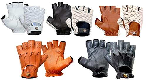 Gants Mitaine de Conduite en Cuir Souple Marron, Crochet de Coton Blanc Pour Hommes Style Rétro Sans Doigt Pour Fitness Voiture Moto Vélo Gym Musculation Cyclisme et Extérieur (Marron, L)