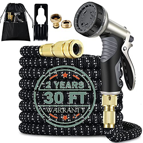 Garden Hose,30FT Hosepipe,Expandable Garden Hose,Water Hose with Double Latex Core Pipe/Solid Brass Fitting/Metal Hose Pipe Spray Gun Nozzle,Magic Hose for Gardening/House/Car/Floor/Yard/Pet Washing