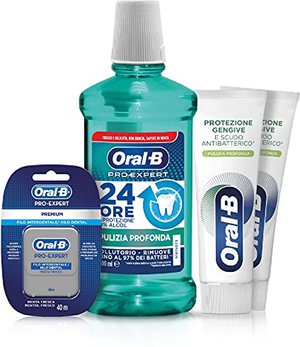 Oral-B Kit Igiene Dentale Completa,2 X Dentifricio, 1 Colluttorio, 1 Filo Interdentale (40 metri), con Azione Antibatterica, per una Pulizia Profonda, Delicata e Confortevole, Maxi Formato da 4 pezzi