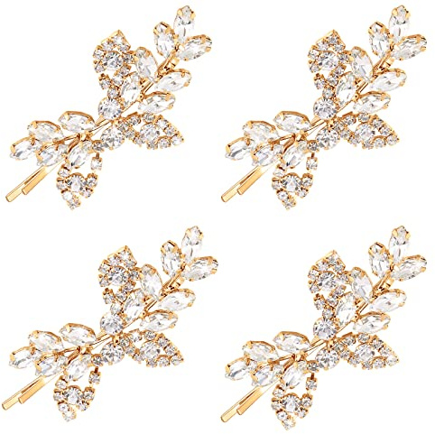 Waydress 4 Pcs Rhinestone Hair Clip Wedding Bridal Hair Barrette Decorative Leaf Crystal Side Hairpin Accessories for Women(Rhinestone Style,Gold)
