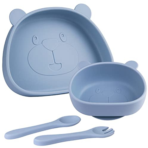 Suction Baby Plate and Bowl Set with Fork Spoon,Non Slip Toddler Divided Placemat,BPA Free Silicone Feeding Set for Babies Toddlers Kids