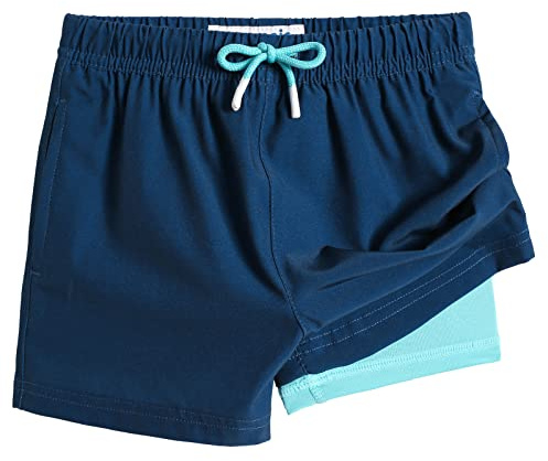 maamgic Bañador Niño con Forro 2 en 1 de Compresión y Cintura Ajustable Shorts Traje de Baño Bañador Corto de Natación Secado Rápido VÍA Multiple,Azul Marino,10-12 años