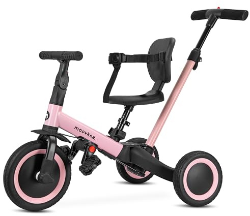 moovkee. Triciclo Bambini Evolutivo 6 in 1 - Bicicletta Bambini da 1 a 5 Anni - Triciclo per Bambini fino 25 kg con Cintura, Sella Regolabile, con o Senza Pedali - Triciclo con Maniglione