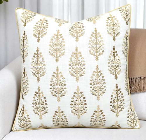 YugTex Chandni Paiseley Embroiderd Decorative Square Accent Throw Pillow Cover - Sofa, Chair, Couch, Bedroom, Living Room, Farmhouse Home Decor - 20x20 Inches-Ivory