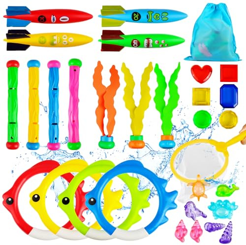30 Pcs Swimming Pool Toys, Diving Toys for Swimming Pool, Dive Toys with Torpedo Bandits, Diving Sticks, Seagrass, Diving Fish Rings, Gemstones,etc.,Sinkers for Swimming Kids with Carrying Bag