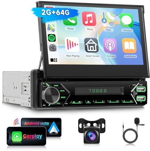 Hodozzy 2GB 64GB GPS Autoradio Android 1 Din con Schermo Retrattile con Carplay Wireless Android Auto,7 Pollici Touchscreen Stereo Auto 1 DIN Bluetooth Radio,Navigazione,WiFi,USB/AUX/EQ/RDS/FM+camera
