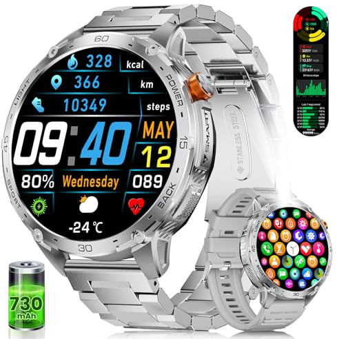 ESFOE Smart klocka för män med LED-ficklampa (730 mAh, Akku), 1,85 tum, HD smart klocka med Bluetooth-samtal, IP68, vattentät Smartwatch med 24/7, puls, SpO2, för Android iOS, silver