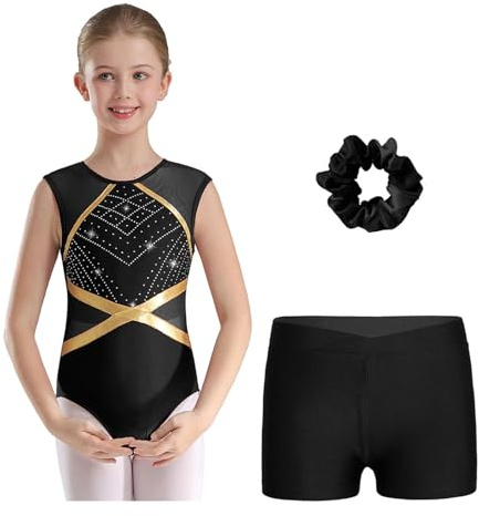 Fldy Maillot para niña con pantalones cortos para el pelo, juego de 3 unidades para niños, traje de gimnasia con purpurina, malla sin mangas, patchwork, maillot de ballet, competición, danza, Negro