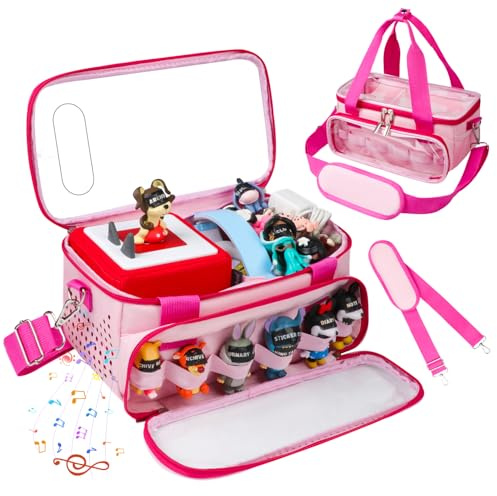 Sambois Carrying Case Compatible with Toniebox Starter Set with Audio Play Side, Portable Organizer Case for Tonies Figures Storage with Elastic Band& Clear Window for Character Display (Pink)