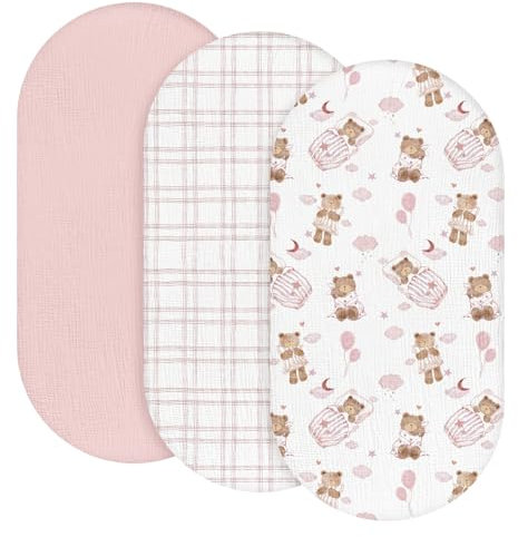 Baby Matratzenbezug Spannbettlaken 3er Pack 100% Musselin Baumwolle Öko-Tex 100 Musselin Kinderwagen- und Stubenwagen-Bezug 83 x 43 x 10 cm