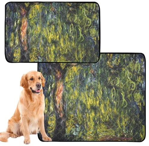 TSENQUE Claude Monet Weeping Willow Print Washable Dog Pee Pads Cute Waterproof Mat Non Slip Pet Pee Pad Extra Large Absorbent Potty Training Pads, Medium + Large, Set of 2