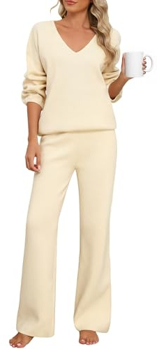 PASUDA Conjunto Punto Mujer 2 Piezas Invierno Otoño Pijama Largo Color Sólido Deportivo Vestir Dos Piezas de Salón Chandal Cuello en V y Pantalones Suelto (Beige, L)